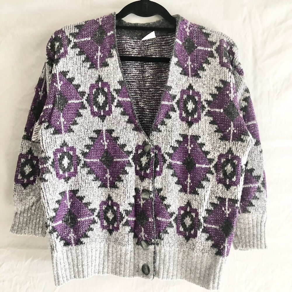 Vintage 90s Santa Fe Cardigan Sweater Gray Purple